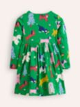 Mini Boden Kids' Long Sleeve Pet Print Dress, Green/Multi