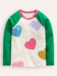 Mini Boden Kids' Colour Block Raglan Sleeve Top, Green Multi Hearts