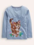 Mini Boden Kids' Cotton Superstitch Cat Top, French Blue