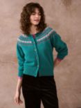 Brora Fair Isle Yoke Merino Wool Cardigan, Teal/Multi