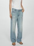 Mango Beau Distressed Mid Rise Straight Leg Jeans, Light Blue