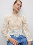 Mango Scala High Neck Lace Top, Light Beige