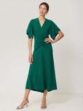 Jigsaw Crepe Ruched Flutter Sleeve Dress, Green