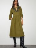 Monsoon Edith Embroidered Corduroy Dress, Olive