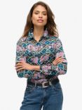 Superdry Sheer Printed Blouse, Mukaitsuru Teal Pink