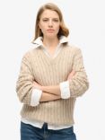 Superdry Organic Cotton Oversized Cable Knit V-Neck Jumper, Oatmeal Beige