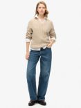 Superdry Organic Cotton Oversized Cable Knit V-Neck Jumper, Oatmeal Beige