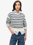 Superdry Stripe Crochet Cropped Crew Jumper, Natural White/Navy