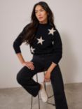 Mint Velvet Contrast Star Cashmere Blend Jumper, Black