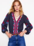 Boden Floral Embroidered V-Neck Top, Navy/Multi