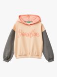 Benetton Kids' Cotton Contrast Logo Hoodie, Peach/Multi