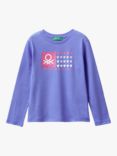 Benetton Kids' Cotton Glitter Print Long Sleeve T-Shirt, Periwinkle