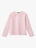 Benetton Kids' Heart Embroidered Long Sleeve T-Shirt, Pink