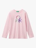 Benetton Kids' Cotton Rhinestone Long Sleeve T-Shirt, Pink