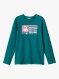 Benetton Kids' Cotton Glitter Logo Long Sleeve T-Shirt, Forest Green