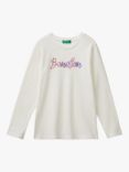 Benetton Kids' Cotton Glitter Logo Long Sleeve T-Shirt, Offwhite