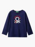 Benetton Kids' Cotton Logo Print Long Sleeve T-Shirt, Night Blue