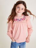 Monsoon Kids' Cotton Floral Embroidered Top, Pink