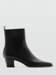 Mango Today Leather Block Heel Pointed Toe Ankle Boots, Black