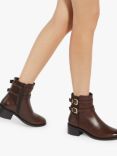 Dune Patter Leather Buckle Detail Ankle Boots, Brown