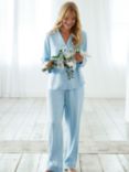 Chelsea Peers Satin Lace Trim Shirt Long Pyjama Set, Blue