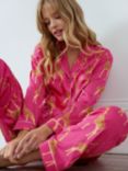 Chelsea Peers Giraffe Satin Shirt Long Pyjama Set, Bright Pink