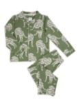 Chelsea Peers Leopard Print Kids' Button Up Pyjama Set, Green/Cream