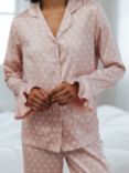 Chelsea Peers Polka Dot Satin Shirt Long Pyjama Set, Pink/White