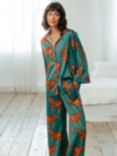 Chelsea Peers Tiger Satin Shirt Long Pyjama Set, Teal