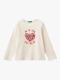 Benetton Long Sleeve Textured Tulle Heart Cotton T-Shirt, Cream