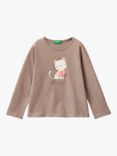 Benetton Long Sleeve Textured Tulle Cat Cotton T-Shirt, Taupe