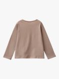 Benetton Long Sleeve Textured Tulle Cat Cotton T-Shirt, Taupe