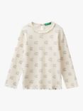 Benetton Kids' Cat Motif Ribbed Long Sleeve T-Shirt, Multi