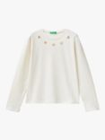 Benetton Kids' Heart Motif Long Sleeve T-Shirt, White Cream