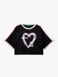 Benetton Kids' Heart Cropped T-Shirt, Black/Multi