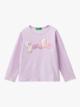 Benetton Long Sleeve Textured Tulle 'Smile' Cotton T-Shirt, Lilac