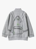 Benetton Kid's Backpack Motif Zipped Sweatshirt, Grey Melange