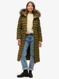 Superdry Fuji Faux Fur Hooded Longline Jacket, Dark Olive