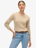 Superdry Fitted Cable Crew Neck Jumper, Safari Beige Marl