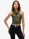 Superdry Cowl Halter Neck Sequin Top, Green/Gold