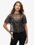 Superdry Sheer Short Sleeve Sequin Top, Stadium Grey Grit