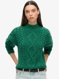 Superdry Aran Cable Knit Polo Wool Blend Jumper, Pine Green