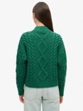 Superdry Aran Cable Knit Polo Wool Blend Jumper, Pine Green