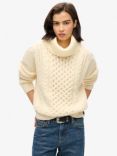 Superdry Roll Neck Cable Knit Wool Blend Jumper, Island Ecru