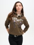 Superdry Embellished Punk Graphic Hoodie, Deep Khaki Green