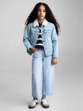 Mango Kids' Lisa Faux Fur Contrast Collar Denim Jacket, Open Blue