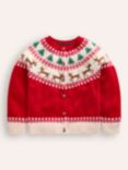 Mini Boden Kids' Edie Fair Isle Cardigan, Poppy Red Reindeer