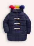 Mini Boden Kids' Longline Padded Coat, Navy Rainbow Fur