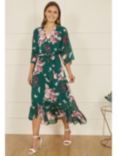 Yumi Floral Wrap Dipped Hem Midi Dress, Green