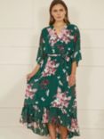 Yumi Floral Wrap Dipped Hem Midi Dress, Green